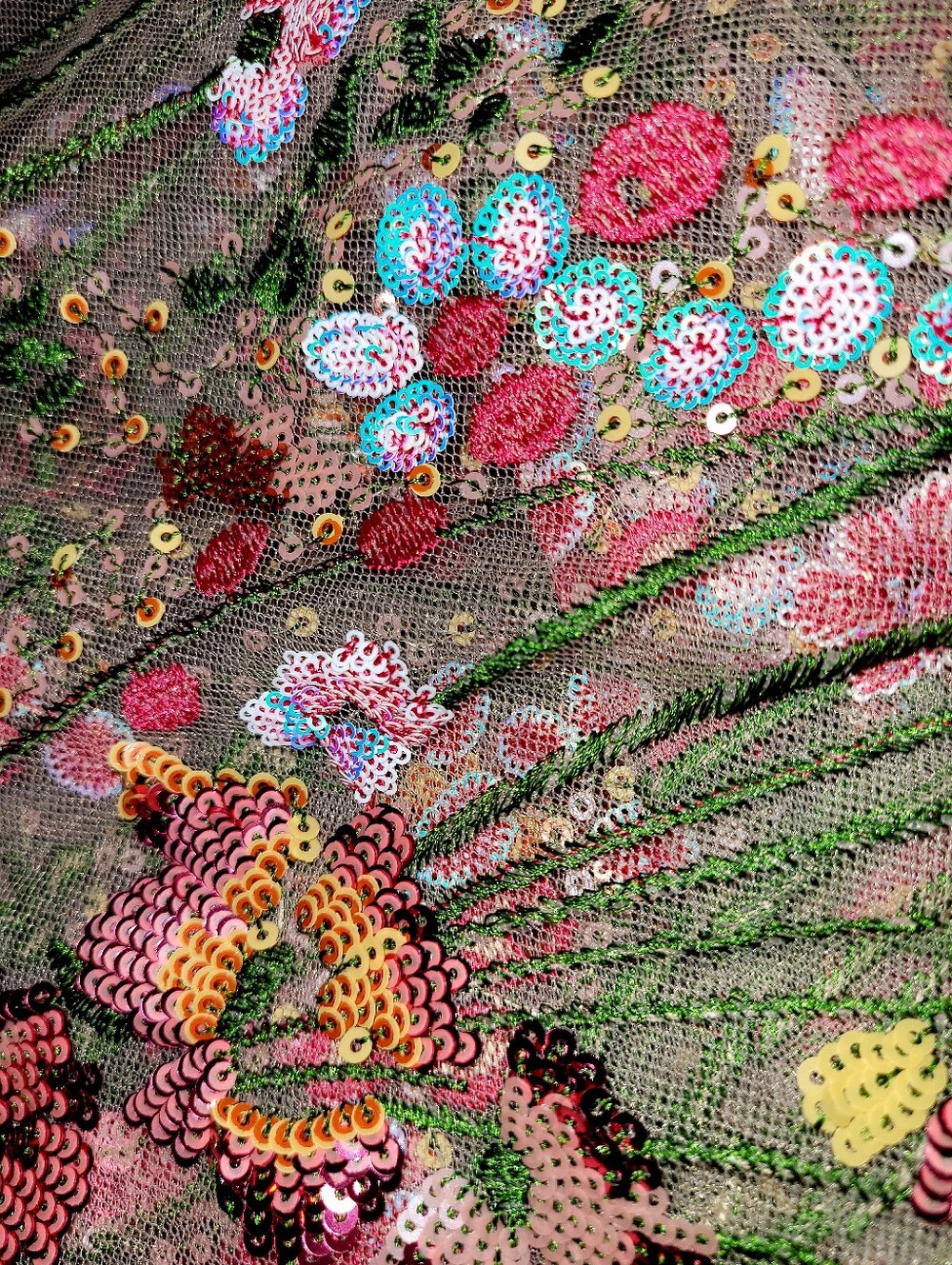 Fairycore Garden Sequin & Embroidered Fabric On Sheer Tulle 64" X 109"